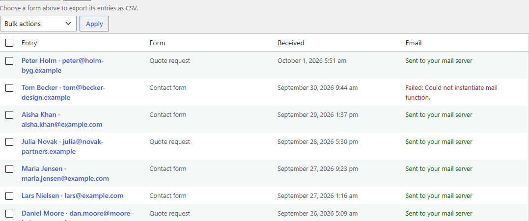 Formsafe's Entries list: twelve contact form entries with their form, the time they arrived and their mail status; one is marked Failed with the mail server's error.