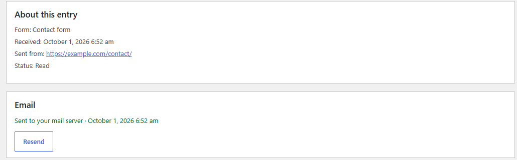 A single entry: the form it came from, when it arrived, the page it was sent from, and the mail status Sent to your mail server with its time, above a Resend button.