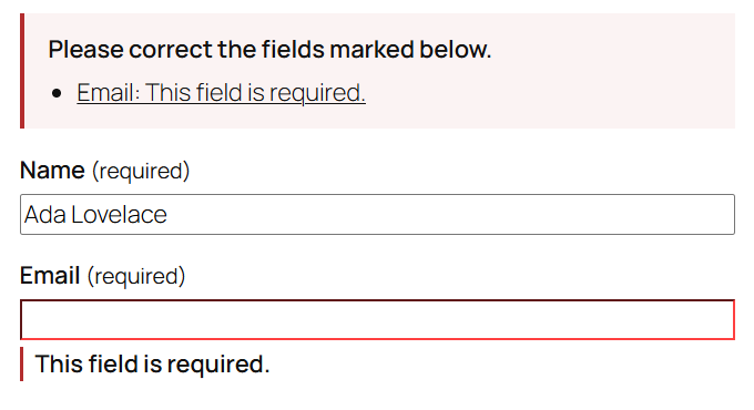 A contact page after Send without an email address: an error summary above the form, the empty email field outlined in red, and the name and message still filled in.