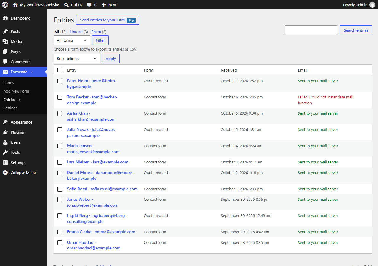 Formsafe → Entries: every message is saved before any email is sent, and each entry shows whether your mail server accepted it.