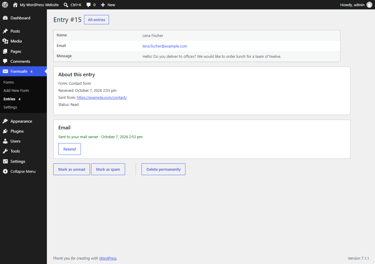 One entry: the visitor's answers, the form and page it came from, the mail status with its time, and Resend.