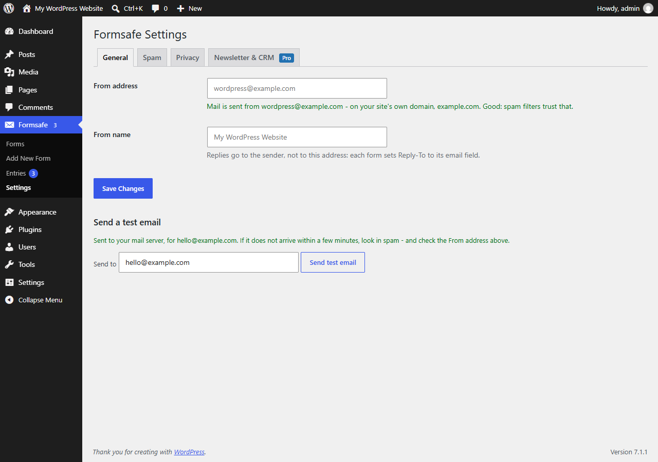 Formsafe → Settings: the From address checked against your site's own domain, and Send test email showing what your mail server answered.