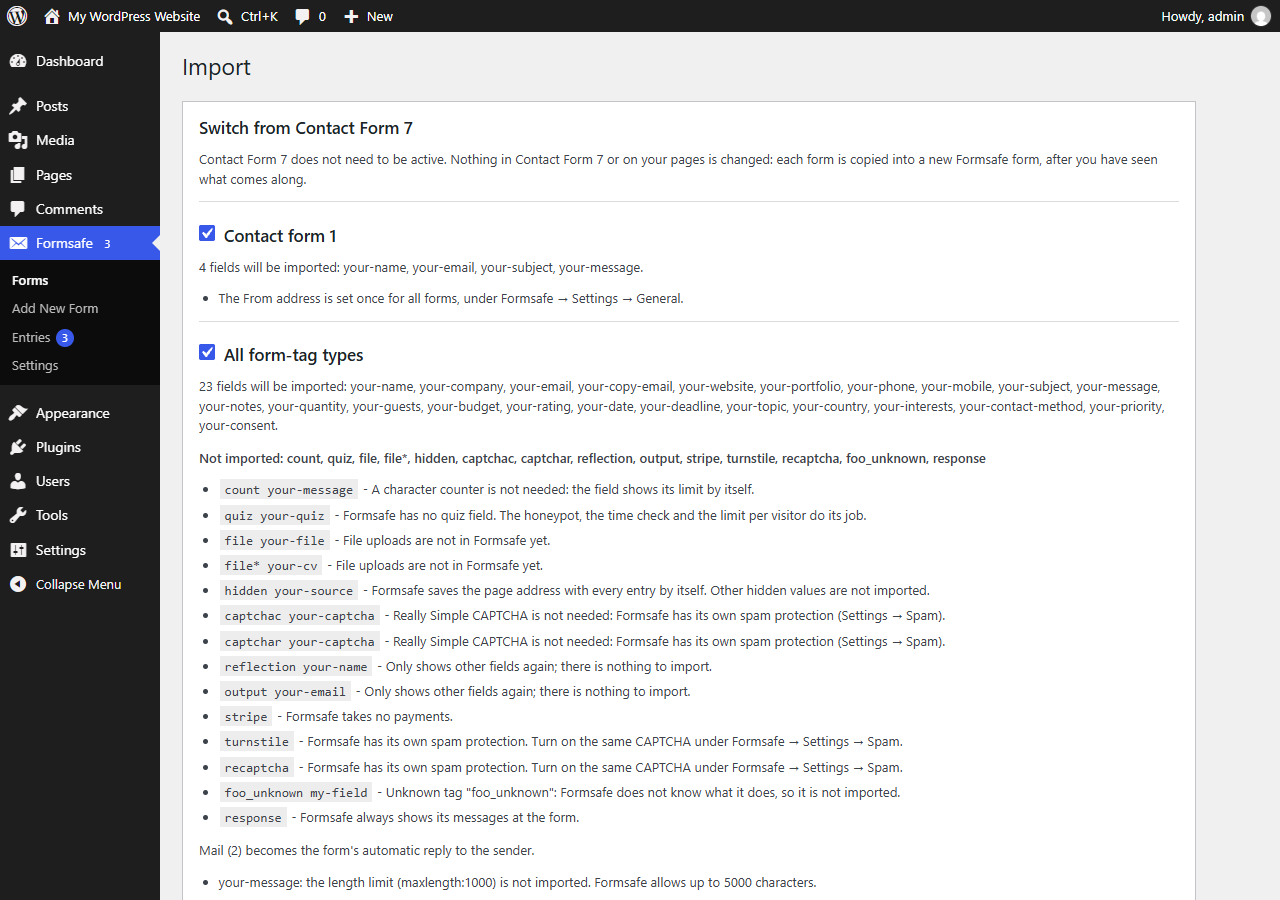 The Import button on Formsafe → Forms: each Contact Form 7 form, the fields that will be imported, and every tag that will not, each with its reason.